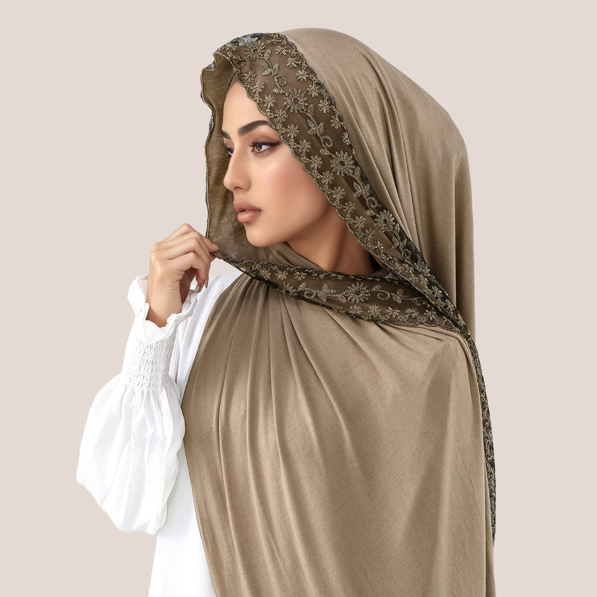 Head Wrap Turban - Koronkowy haft, bawełniany dżersej, muzułmański hidżab,
