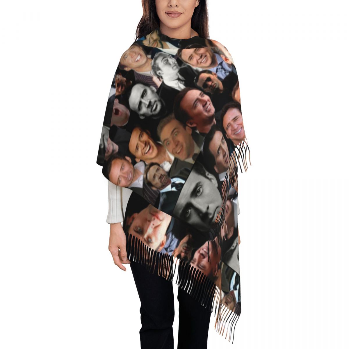 Pashmina Wrap Large - Szal z kolażem Nicolasa Cage'a, ciepły,