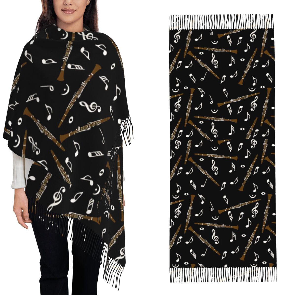 Pashmina Wrap Large - Damski szal z frędzlami, wzór nut