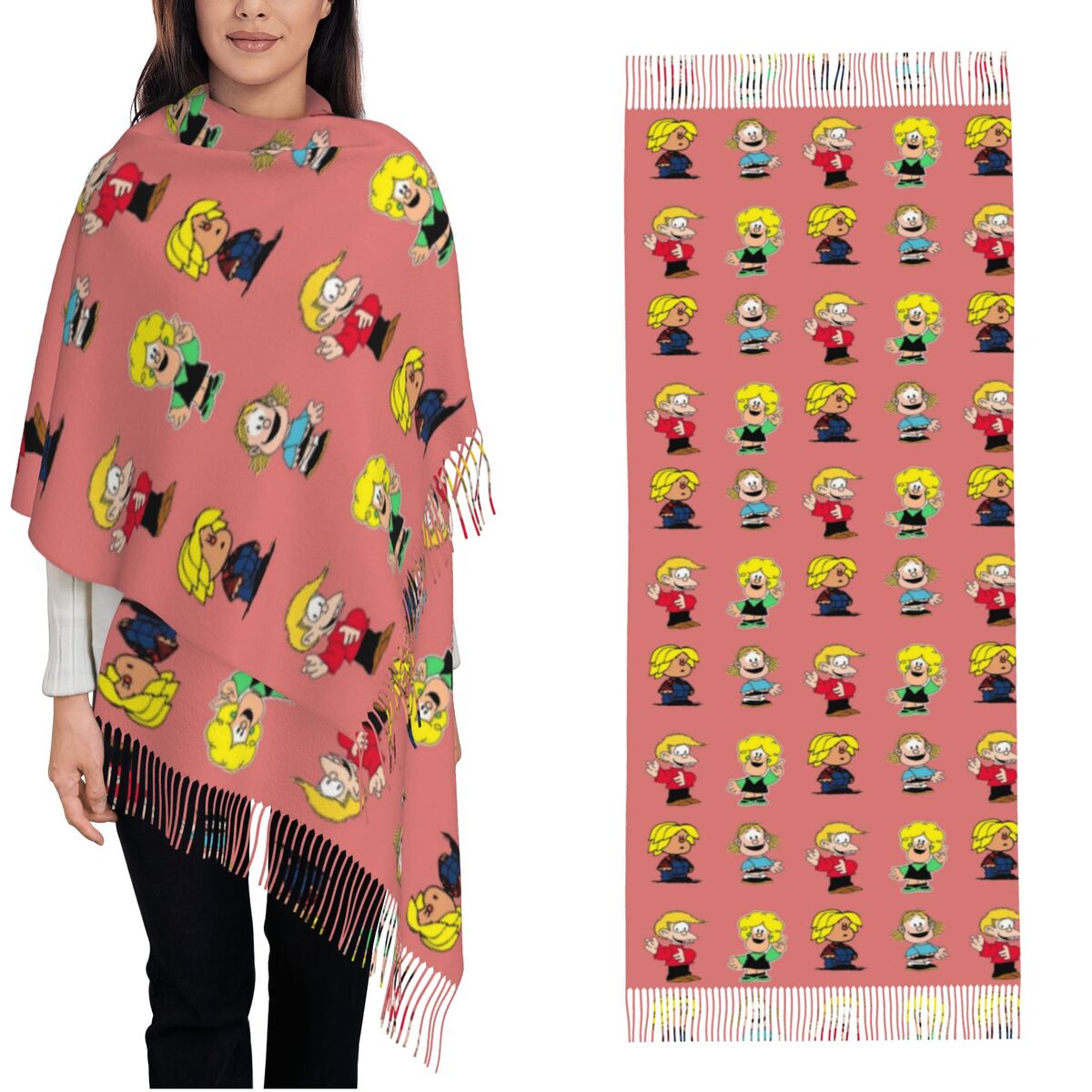 Pashmina Wrap Large - Damski szal z frędzlami, postacie z